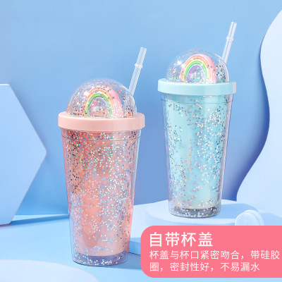 夏日卡通彩虹杯吸管水杯 韩版冰杯双层水杯 塑料