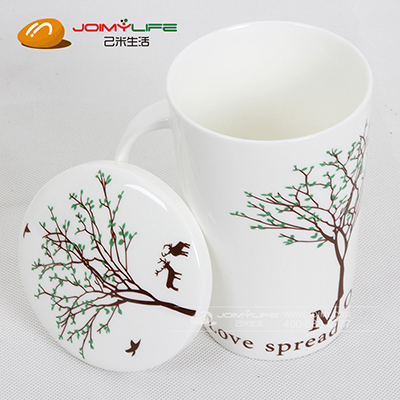创意个性杯 马克杯带盖陶瓷杯子送精美勺子 (鹿与树)定制