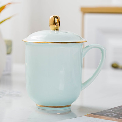 骨瓷茶杯带盖 青釉办公室会议杯 金边陶瓷家用水杯子定制