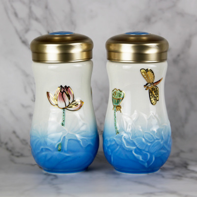 活瓷杯订做 蜻蜓夏荷单层陶瓷随身杯 教师节创意