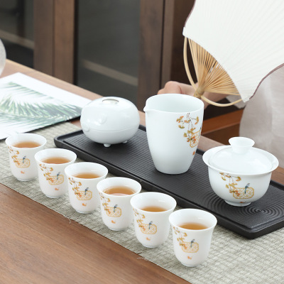 新款羊脂玉茶具套装家用 白瓷十头功夫茶具手绘盖碗茶杯可定制LOG