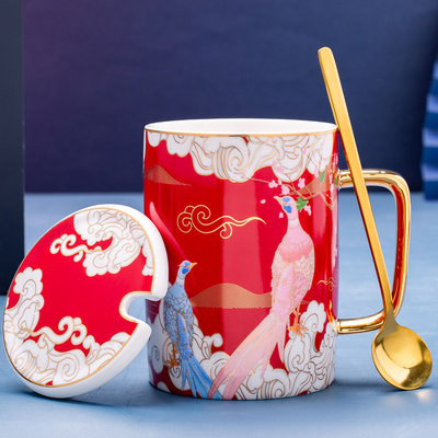 中国风创意陶瓷水杯 个性潮流马克杯 复古家用带盖勺情侣咖啡杯子定制