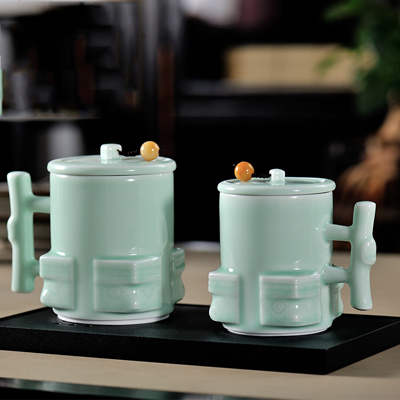 古婺窑火玉青瓷功夫茶具 陶瓷茶杯礼盒包装 家用简约带盖单杯大容量