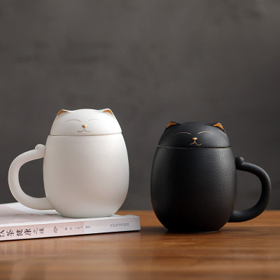 招财猫办公室泡茶杯 陶瓷过滤茶杯带盖 茶水分离