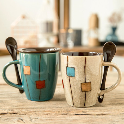 创意陶瓷杯复古马克杯 情侣简约杯子 咖啡杯家用水杯带盖勺