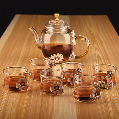 日式玻璃珐琅茶杯花茶壶礼盒定制 7件套套装水杯耐热玻璃花茶杯批发