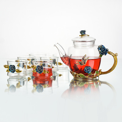 欧式珐琅彩水杯水壶套装定制 创意花茶杯耐热玻