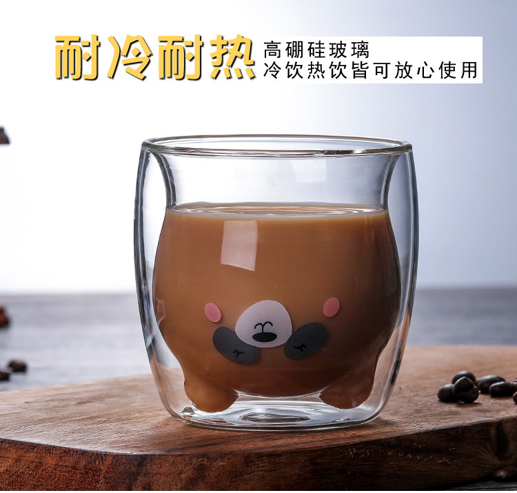厂家批发玻璃双层杯咖啡杯 带动物图案双层水杯果汁杯牛奶杯可定制
