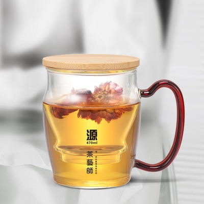 茶艺师源带盖花茶杯三件套 高硼硅耐热透明玻璃