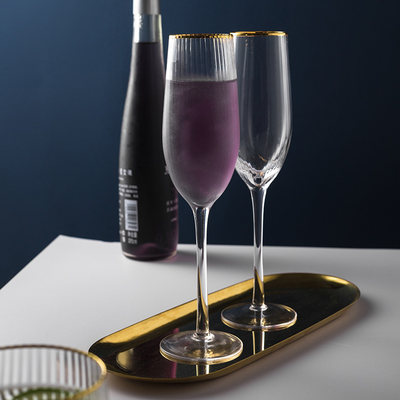 北欧金边竖纹香槟杯透明 高脚红酒杯定制