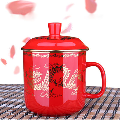龙凤结婚礼品陶瓷茶杯子带盖 创意茶具