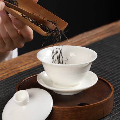 德化白瓷功夫茶具 羊脂玉瓷盖碗中式泡茶碗 高档茶具配件定制logo