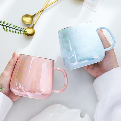 喝水杯子家用 情侣简约办公室马克杯 带盖勺创意陶瓷咖啡杯
