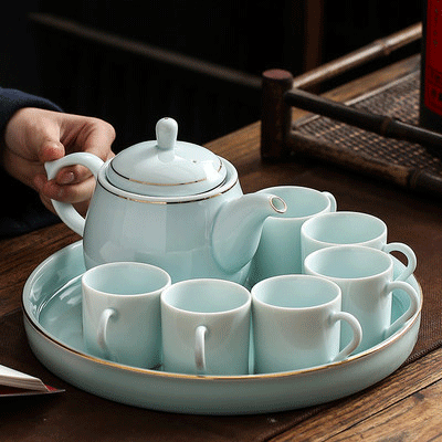 青瓷茶具套装 家用简约整套中式功夫茶壶带把茶杯干泡盘茶台