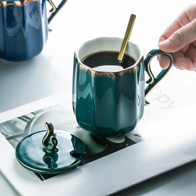 复古高档咖啡杯带盖勺 创意个性潮流马克杯陶瓷水杯厂家