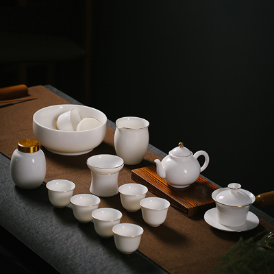 德化白瓷茶具套装家用 简约功夫描金边羊脂玉瓷办公泡茶壶盖碗茶杯