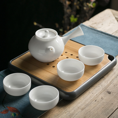 白瓷旅行茶具套装 一壶四杯便携快客杯 家用干泡茶盘台茶壶整套礼品送礼佳选