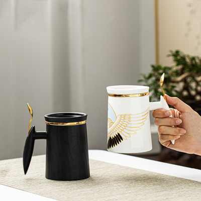 创意个性潮流陶瓷杯 过滤带盖勺茶水分离男女办公室家用泡茶马克杯子