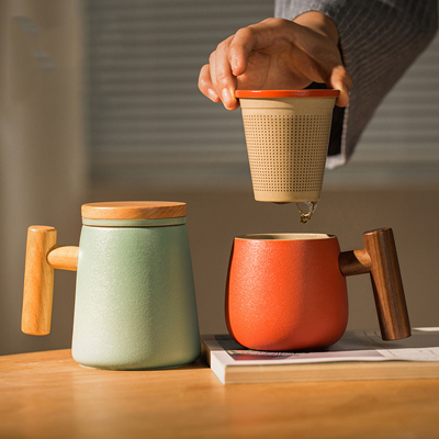 北欧陶瓷马克杯 磨砂水杯家用个性带盖茶水分离早餐情侣杯
