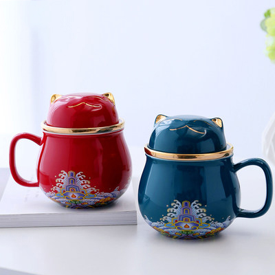 便携式陶瓷旅行茶具 茶水分离带盖家用过滤泡茶杯 猫杯茶杯定制